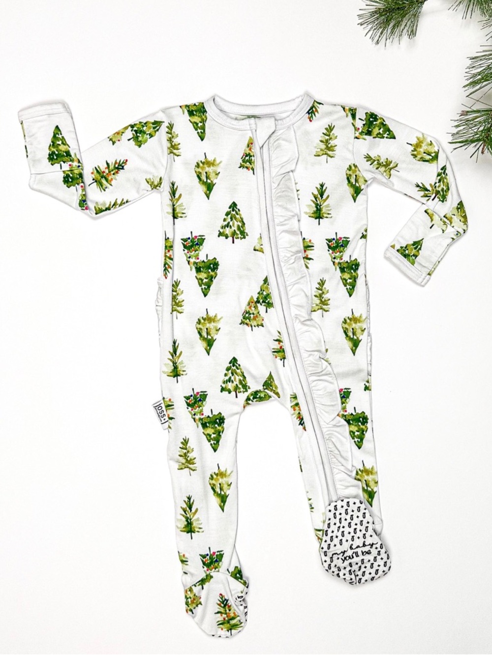 Joss + J Bamboo Christmas Sleeper 12-18M Ivory Tree Ruffle Footed Pajamas